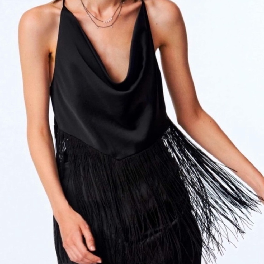 zara cowl neck fringe top